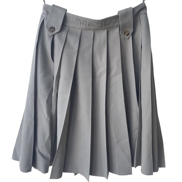 Miu Miu Gray Pleated Wool Skirt With Button Detail Made In Italy - Picture 2 of 9